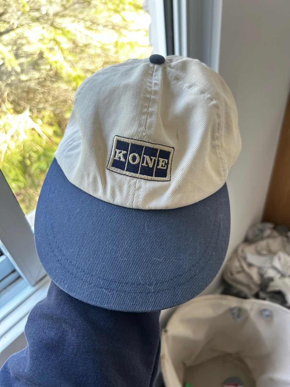 Vintage KP Caps 100% Cotton KONE Two-Tone Baseball Cap - Cream & Navy, Leather